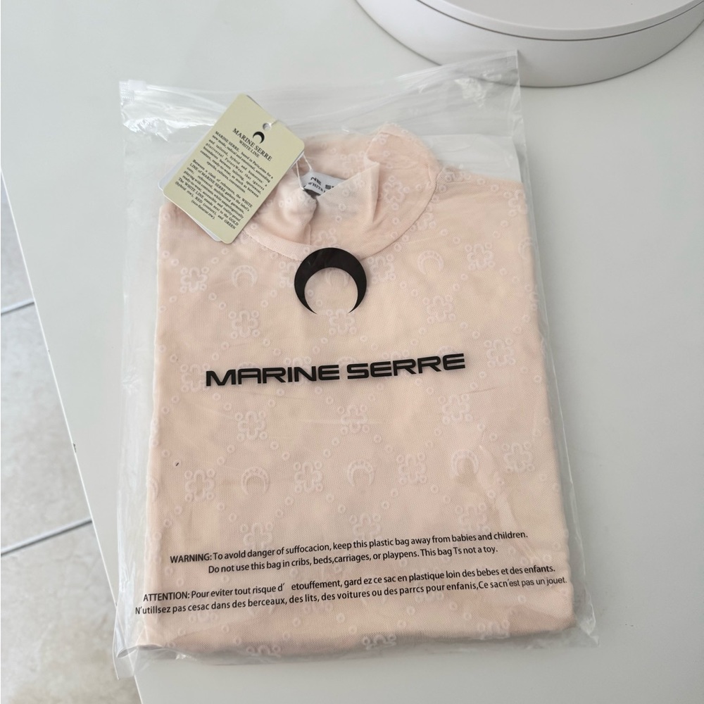 Marine Serre Moonogram Mesh Flock High Neck Top in Light Beige - Small